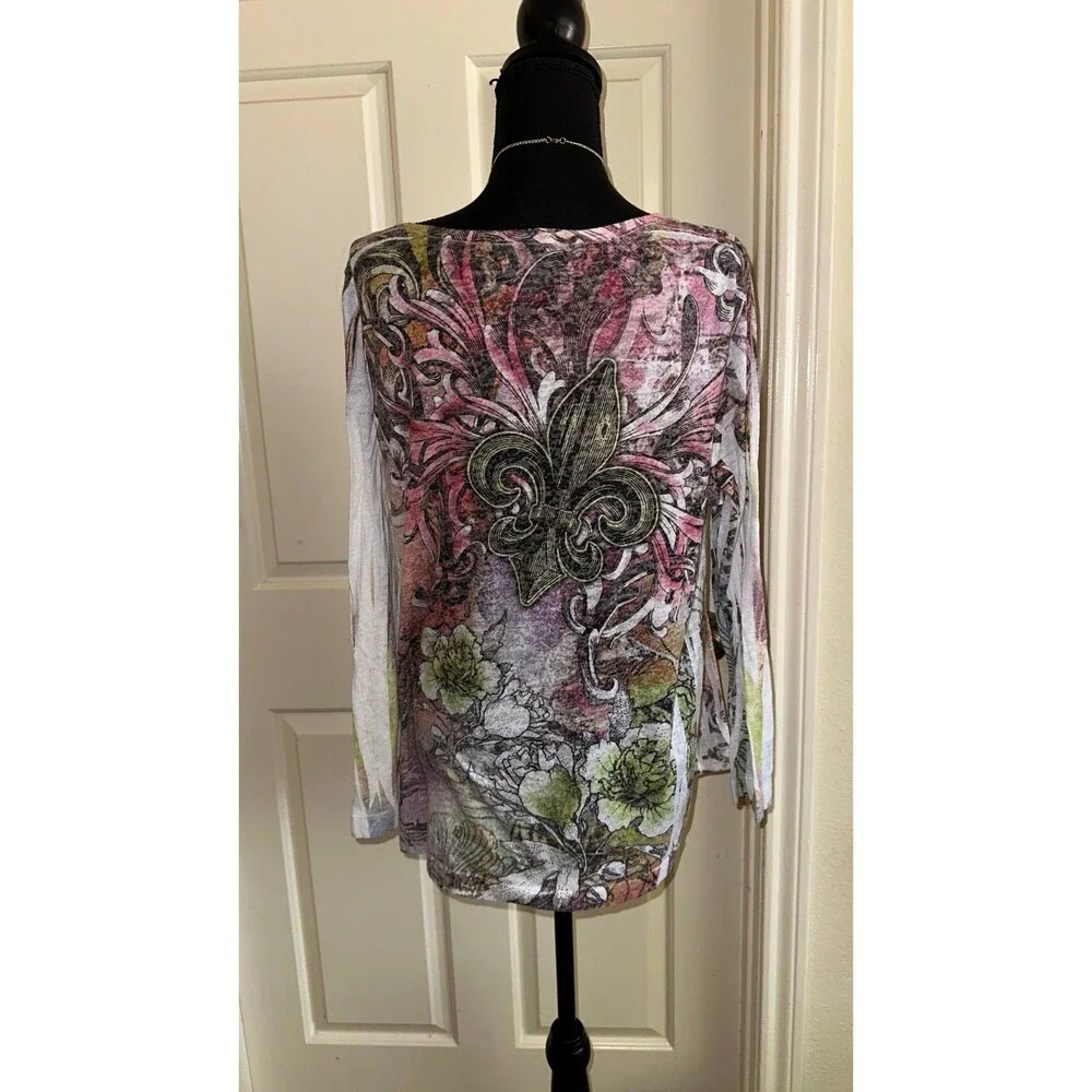 Lane Bryant y2k LONG SLEEVE FLEUR DE LIS W/WINGS &RHINESTONES mcbling top size1x - Picture 6 of 9
